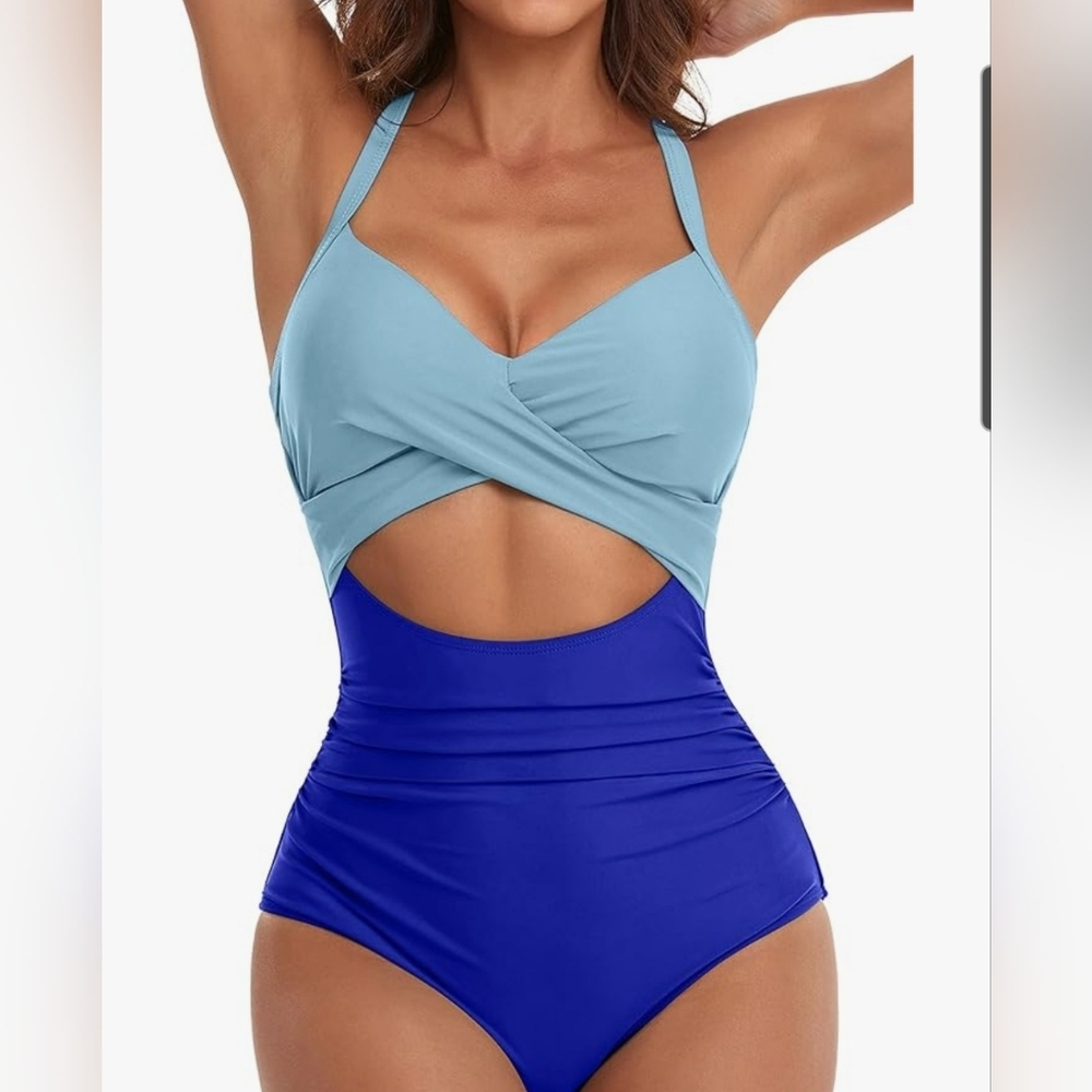 Eomenie Women's Blue and Light Blue One Piece Tummy Control Swimsuit Sz Small